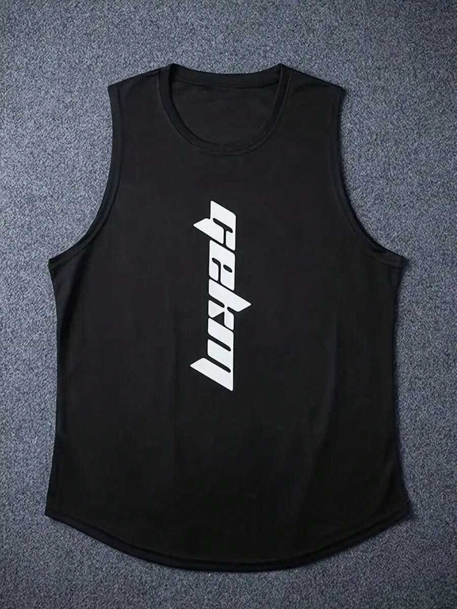 1pc Men's Athletic Sleeveless Tank Top, Breathable Workout Gym Outdoor Sports Printed Tee, Summer - Black - View 1