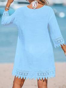 Women's Vacation Solid Color Lace Cuff Single Breasted Long Shirt Spring - Blue - View 4