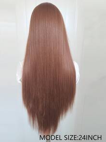 13x4 棕色天然直发合成蕾丝前假发，无缝发际线，耐热纤维，柔软直发，适合角色扮演 - 棕色 - 查看 9