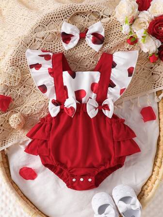 Baby Girls' Fashionable Minimalist Cute Square Neck Bowknot Bodysuit With Heart Shaped Print, Ruffled Edges, Headband, Spring/Summer