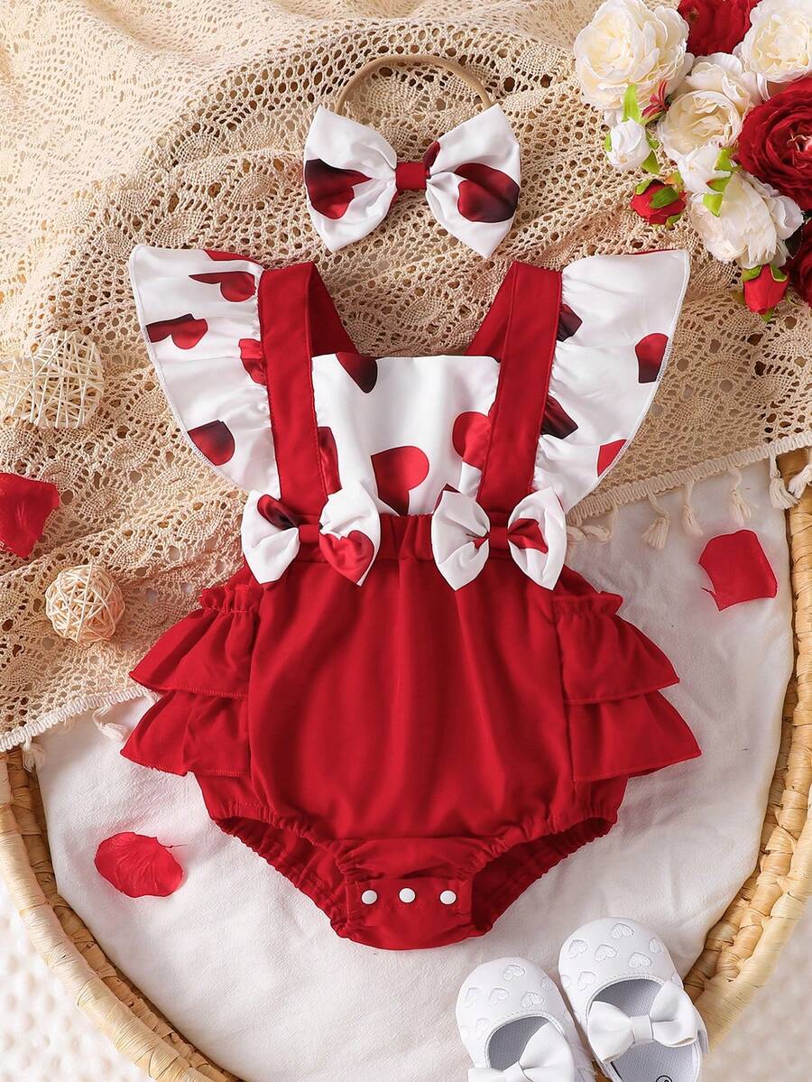 Baby Girls' Fashionable Minimalist Cute Square Neck Bowknot Bodysuit With Heart Shaped Print, Ruffled Edges, Headband, Spring/Summer - Red - View 1