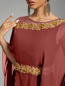 优雅圆领泡泡袖亮片刺绣束腰礼服，奢华别致的晚礼服，端庄 - 紅木色 - 查看 7