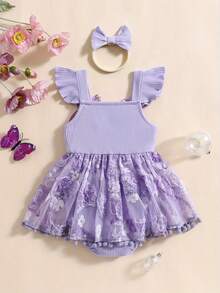 Baby Girl Summer Outfits Ruffle Sleeveless Square Neck Flower Romper With Headband Set - Purple - View 5