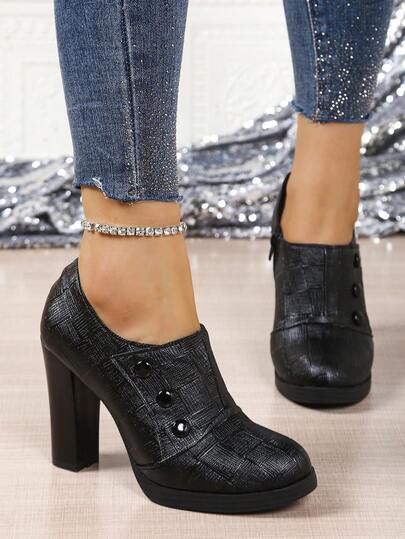 Women's Brogue Retro Platform Oxford Lace-Up Leather High Heel Dress Shoes, Black