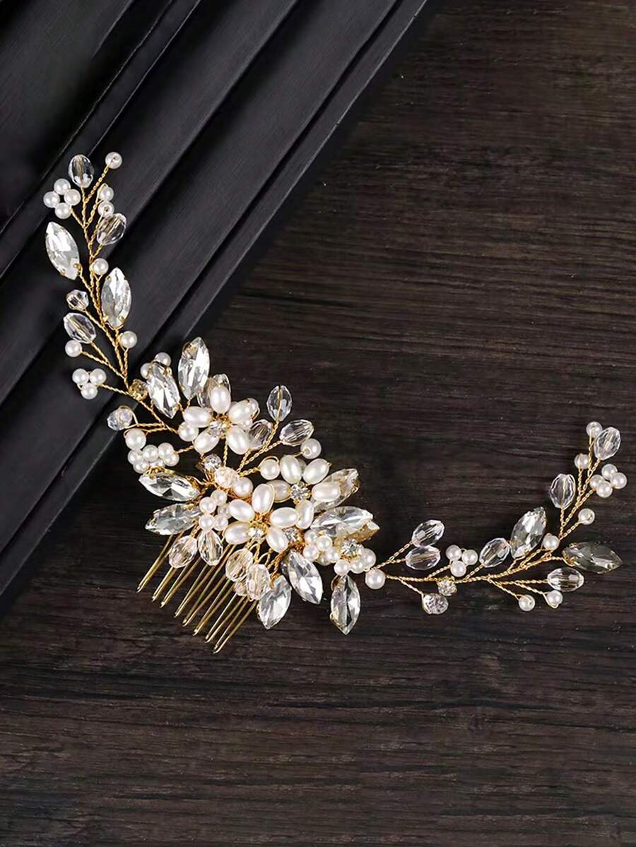 1pc Bride Elegant Beaded Crystal Comb Hairpin, Delicate Hair Accessory For Wedding Dress Combs For Hair Side Comb, School Stuff, Faux Pearl Hair Accessories, Bridesmaids Gifts, Looks Of Party, Head Accessories, Bridal Hair Accessory - Gold - View 1