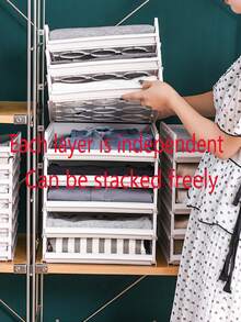 1pc Multi-Layer Stackable Wardrobe Storage Basket,Drawer Style Partition Shelves,Closet Organization Rack - Beige - View 5