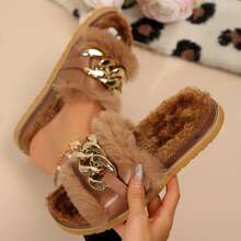 Women's Metallic Chain Sandals - Fluffy & Open Toe For Winter Wear - màu nâu - Xem 6