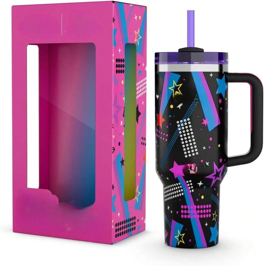 Large Capacity Car Mug 40 Oz Ice Bar Mug Outdoor Use Portable Carrying Water Bottle, Travel Mug, Outdoor Iced Coffee Mug For Camping, Hiking, Driving, Traveling With Handle - 搖滾黑 - 查看 1