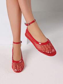 Mesh Ballet Women Flat Sandals Breathable Comfortable Ankle Buckle Strap Lightweight Soft Beach Vacation Fishnet Casual Summer Flats Shoes - 紅色 - 查看 4