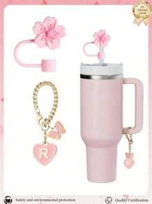 2pcs/Set Accessories For 30-40oz Cups, Pink Letter Cup Marker And Silicone Fuchsia Flower Straw Lid, Silicone Anti-Slip Protective Cover, Reusable 10mm Thick Straw Lid, Cute Letter Decor Fits Modern Minimalist Glass Cups, Back To School Supplies