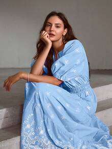 Simplee Women's Summer New Embroidery Lantern Sleeve Tie-Up Long Dress, Suitable For Party, Wedding Guest, Vacation, Music Festival, Back To School - Blue - View 2