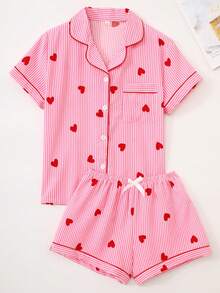 2 Pieces Women Red Striped Heart Print Pajama Set, Short Sleeve Button-Up Shirt With Collar And Bowknot Shorts, Casual Sleepwear For Spring/Summer - Red - View 1
