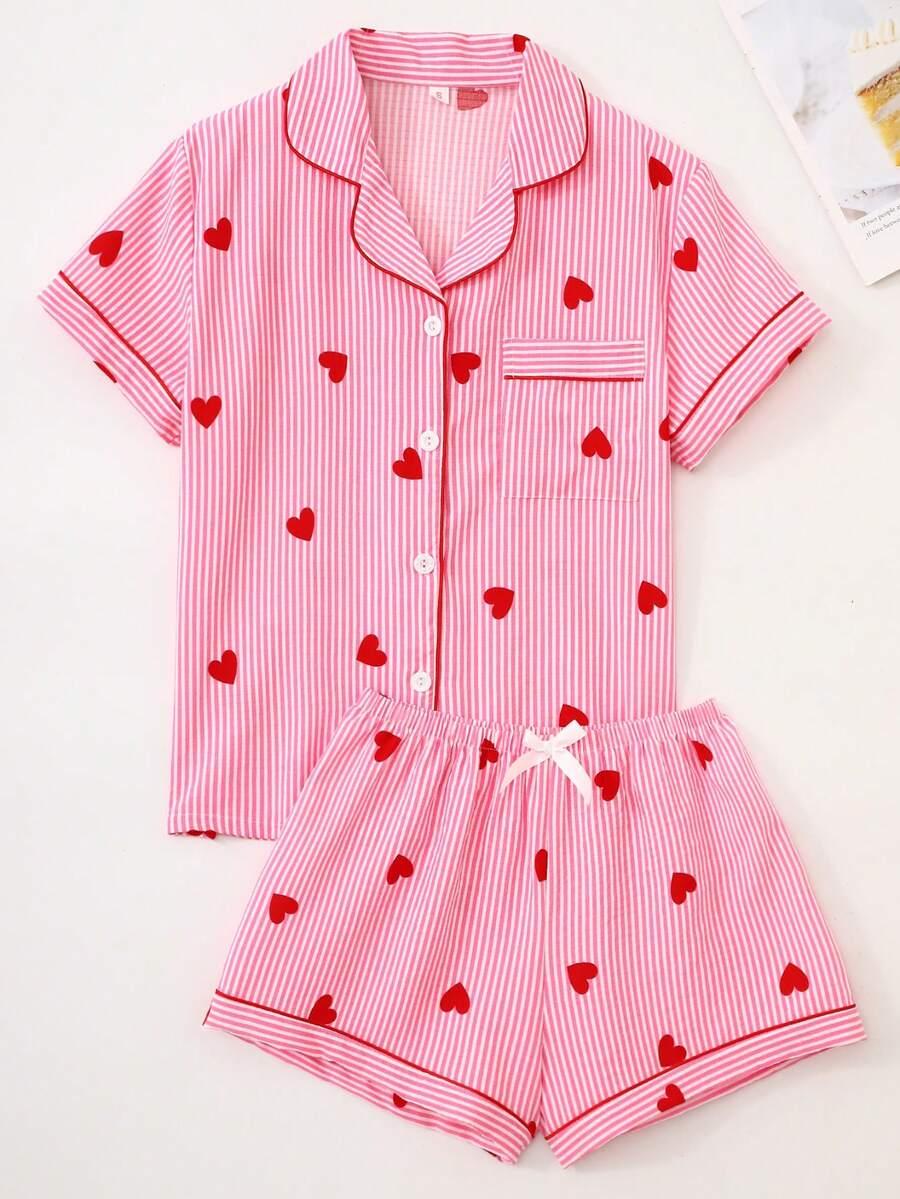 2 Pieces Women Red Striped Heart Print Pajama Set, Short Sleeve Button-Up Shirt With Collar And Bowknot Shorts, Casual Sleepwear For Spring/Summer - Red - View 1