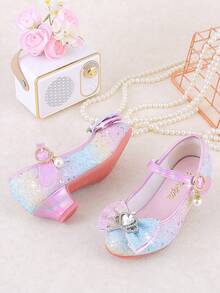 闪亮彩虹公主女孩高跟鞋，闪亮粉色和紫色正装鞋，带有珍珠和水钻装饰，防滑橡胶鞋底，钩环扣，适合表演、派对和特殊场合 - 粉色 - 查看 4