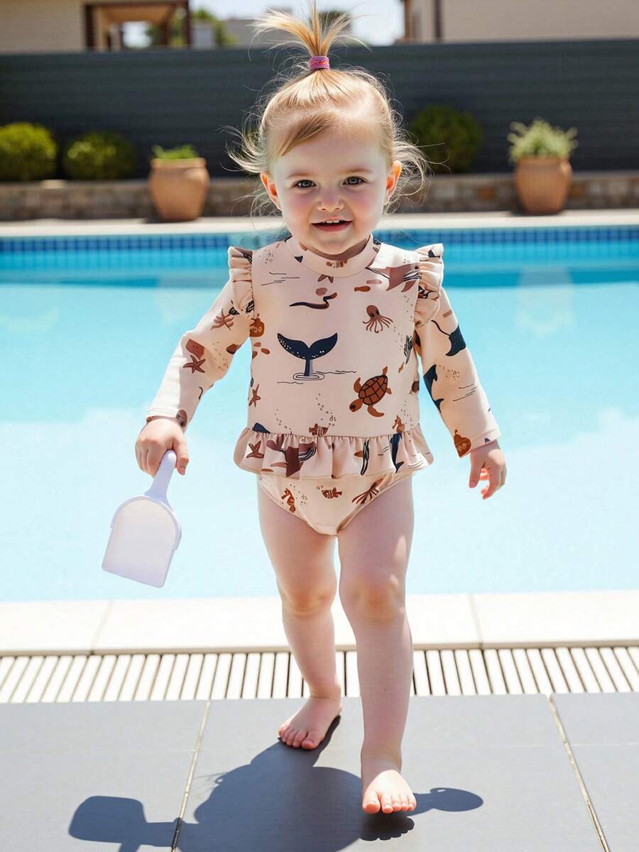 Baby Girls Rash Guard Swimsuit Rompers Long Sleeve Ocean Elements Print Toddler Ruffles Bathing Suit Swimwear - Pink - View 1