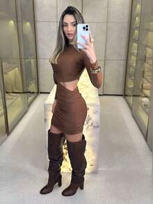 Women's Elegant Long Sleeve Cut Out Pleated Dress In Suplex 36 To 40 In Solid Color For Winter And Summer (Brown,L) - Rust Brown - View 2