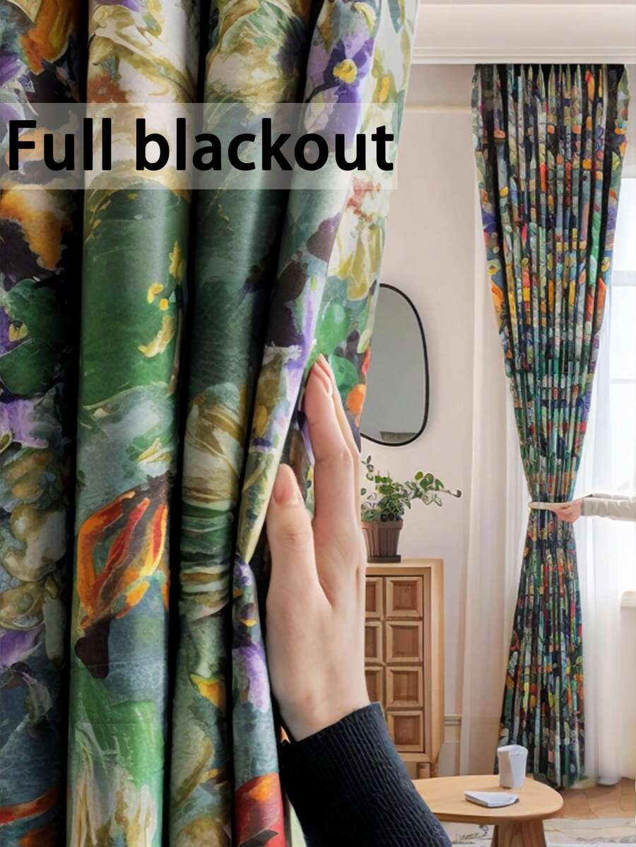 1 件全新花卉油画全遮光双层复合窗帘，隔热，适用于家庭/办公室/派对装饰