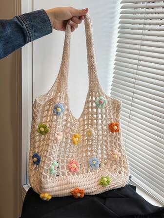 Yogodlns 女士针织单肩包夏季手提包大容量购物手提袋编织镂空网眼沙滩包酷女孩镂空花线编织包沙滩手提包托特包波西米亚风大容量镂空单肩包旅行