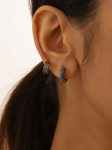 6 件/套复古风格金属 C 形纹理扁平耳钉，适合女士、节日礼物和日常佩戴 - 銀色 - 查看 6