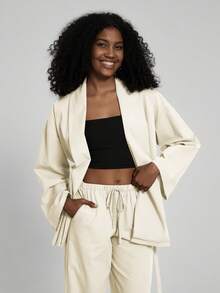 Women's Solid Color Casual Kimono Style Belted Cardigan And Pants Two Pieces Set - Beige - View 3