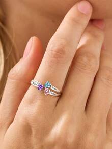 Exquisite And Elegant, 12 Color Birthstone And Custom Name Heart-Shaped Cubic Zirconia Fashion Ring, Women's Jewelry For Mother's Day, Christmas, Anniversaries, Valentine's Day, Thanksgiving, Gifts With Beautiful Commemorative Significance - Silver - View 2
