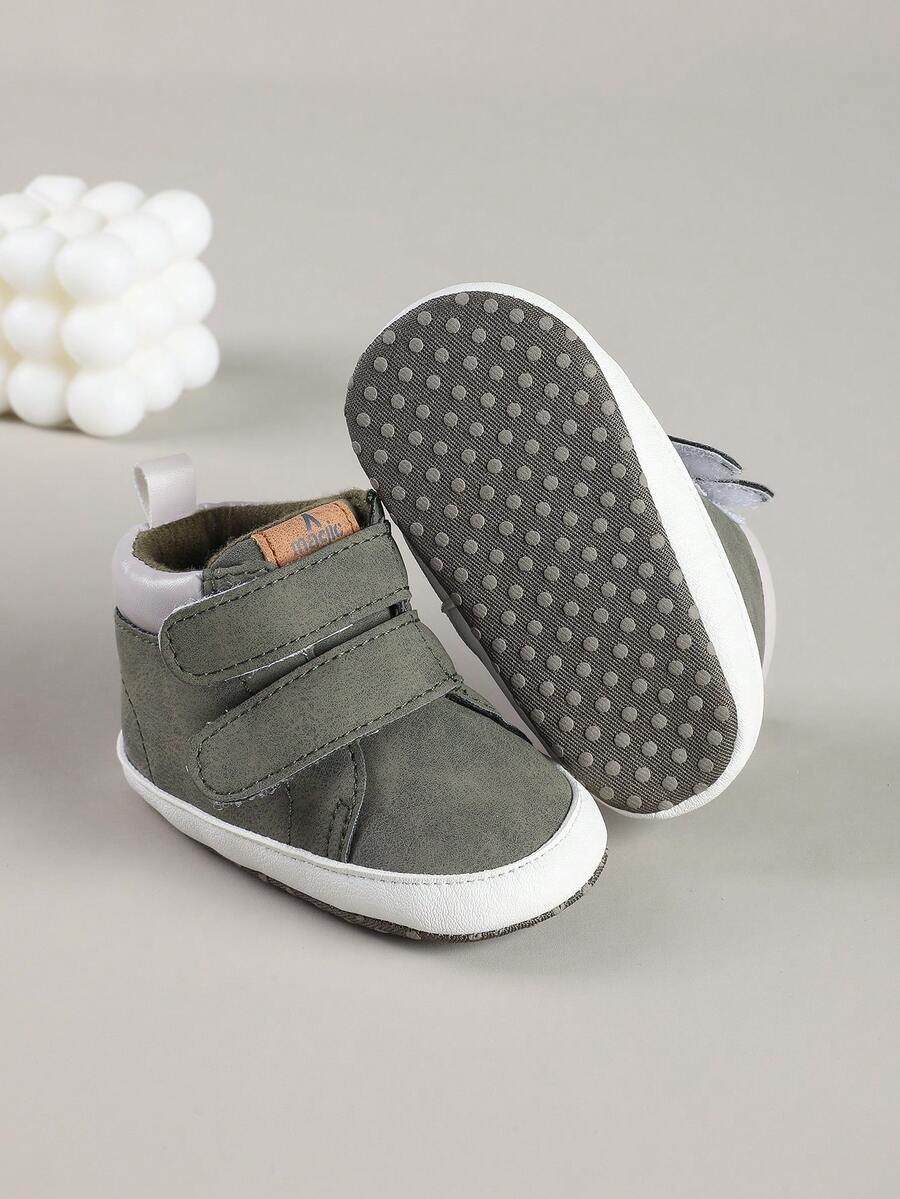1 Pair High-Top PU Solid Color Hook And Loop Flat Design Casual Cute Sports Shoes For Toddler Boys, Suitable For Spring & Autumn