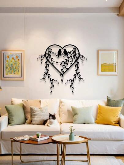 1pc Elegant Bird & Ivy Metal Wall Art - Black Heart Vine Decor, Suitable For Bedroom, Indoor/Outdoor Patio, Balcony - Fashionable Iron Hanging Ornament, Perfect Gift For Loved Ones