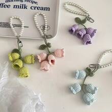 Creative Cute Girl Pearl Chain Yarn Crochet Orchid Flower Keychain Bag Decoration Buckle - Hoa linh lan - Trắng - Xem 3
