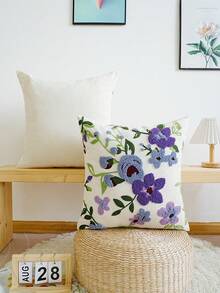 1pc Purple Flower Embroidered Cushion Pillowcase, Versatile For Multi Room Decoration, Machine Washable, Zipper Closure, No Pillow Core Pillows Bedding Pillow Case Bed Home Decor Bedroom Decor Cushion Covers Cushion Cover Cushions Pillow Cases