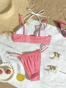 Summer Fashionable Red Plaid Print Contrast Color Adjustable Straps Bikini Top, Double Track Bikini Bottom, Women Elegant Casual Swimsuit Set, Suitable For Beach Holiday