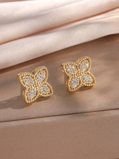 2pcs Casual Elegant Copper Setting With Zirconia Four-Leaf Clover Stud Earrings For Women, Suitable For Daily Decoration