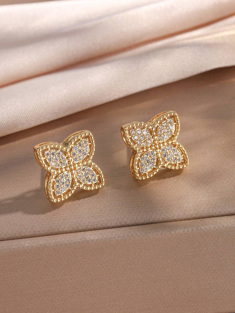 2 chiếc khuyên tai đính đá hình cỏ bốn lá bằng đồng thanh lịch giản dị với đá Zirconia dành cho nữ, thích hợp để trang trí hàng ngày - bông tai - Xem 1