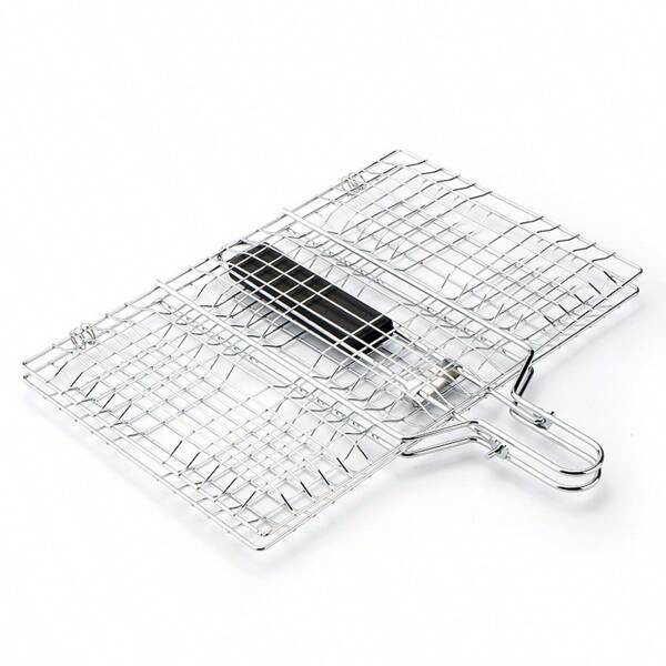 Folding Wooden Handle Carbon Steel Electroplated Barbecue Tongs, Multi-Functional Outdoor Fishing Grill, Steak Grill Rack