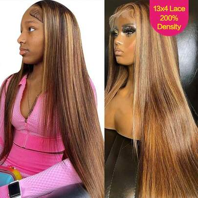 CUEKI 36 英寸 200% 密度高光直发蕾丝前假发，人发纤维混合，13X4 蕾丝前假发，混合人发假发，天然瑞士全边蕾丝假发，带婴儿头发，4/27 钢琴色女士假发