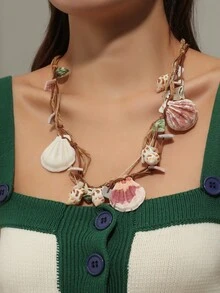 1 件天然贝壳和绳索项链，海滩度假风格