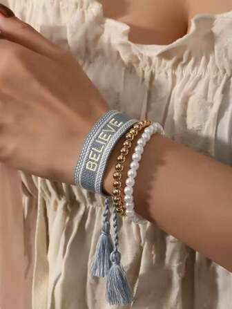 3pcs/Set Pearl Beaded Letter Braided Bracelet Set, Suitable For Women Everyday And Holiday Wear
