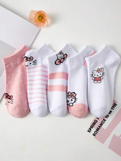 Sanrio 5 pares de calcetines tobilleros para mujer de Hello Kitty, calcetines invisibles, calcetines de corte crew rosa y blanco para todas las estaciones
