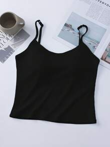 3 piezas Mujeres Camisola de unicolor acanalado con busto acolchado, top de tank casual y sexy crop