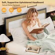 Full Size Rattan Bed Frame Metal Platform Bed With Headboard No Box Spring Needed Beige