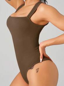 1pc Women's Soft Rib-Knit Skinny Spaghetti Strap Jumpsuit Shape-Wear - Brown - View 5