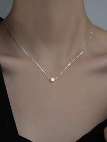 S925 Sterling Silver Simple Cube Design Pendant Necklace, Minimalist & Fashionable, Elegant Gift For Family, Friends And Couples - Silver - View 4