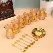 1 Set Of 6 Cups, 6 Saucers, 6 Spoons Gold Coffee Cup Set, Household Red Tea Green Tea Coffee Cups And Dessert Plates Glass Set, Suitable For Gatherings, Weddings, Daily Parties And Holidays Back To School