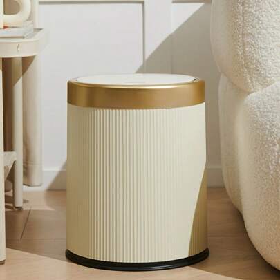 1pc Fashionable Round Rim Trash Can With Gold Edge - Plastic, Stylish Storage Essential Home Garbage Basket, Fashionable Waste Storage | Minimalist Design | Plastic Bin