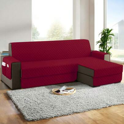 Farfallarossa Brushed Fabric Quilted L-Shaped Sofa Cover For 3-Seater With Peninsula, Universal Reversible Right/Left Peninsula Sofa Cover, Scratch-Resistant And Waterproof.Bordeaux