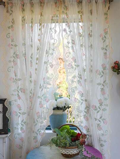 Muroi Mono 1pc French Pastoral Embroidered Sheer Curtain, No Drilling Required For Balcony, Bedroom, Suitable For Multiple Occasions