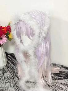 1 件带羽毛装饰的蕾丝绒球头带，可用作腰带或发饰，带有甜美的花朵饰边 - 白色 - 查看 4