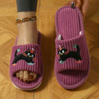 Minimalist Cute Cat Exposed Toe Striped Pattern Anti-Slip Women Indoor Slippers