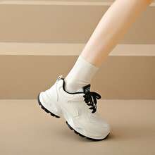 女士白色厚底系带休闲运动鞋 - 黑色 - 查看 6