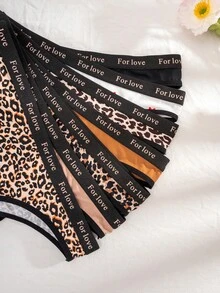 7pcs/Pack Women's Solid Color, Leopard & Heart Print Elastic Waistband Comfy Briefs - Multicolor - View 5