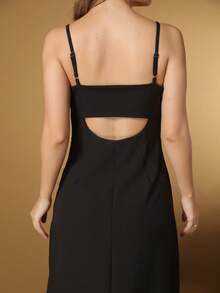 Tailored Dress With Straps And Knot Detail On The Back, With Openwork Cutout, Fitted Waist And Straight Silhouette, Midi Length Dress For Sisters - Black - View 4